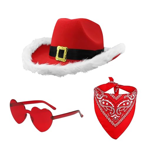keloppasit Weihnachts-Cowboyhut-Set, Westernhut, Cowboy, 3 x Herz-Brille, Weihnachtsfeier, Cowgirl, breite Krempe, Western-Kostüm-Zubehör keloppasit Weihnachts-Cowboyhut-Set, Westernhut, Cowboy, 3 x Herz-Brille, Weihnachtsfeier, Cowgirl, breite Krempe, Western-Kostüm-Zubehör von keloppasit