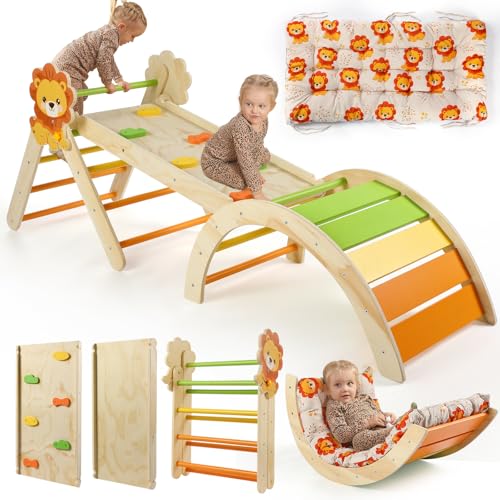 khlerox 7-in-1 Montessori Kletterdreieck Set mit Rutsche, Kletterbogen & weichem Kissen – Holz Klettergerüst für Babys & Kleinkinder ab 1–3 Jahre, Indoor Spielgerät, faltbar & sicher (Löwe) von khlerox