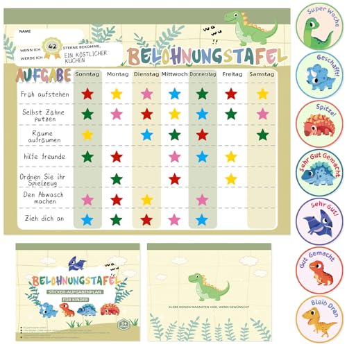 khlerox Belohnungstafel Kinder magnetisch 26 Seiten, 1680 Sterne und 84 Motivationssticker, Belohnungssystem Kinder Wochenplan zur Förderung von Verantwortung und Guten Gewohnheiten (Dinosaurier) von khlerox