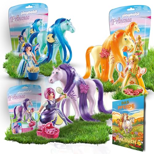 kidstell Bundle Playmobil 6167 Princess Kammpferd Viola, 6168 Princess Sunny, 6169 Princess Luna und eBook Pferde Ausmalbuch von kidstell