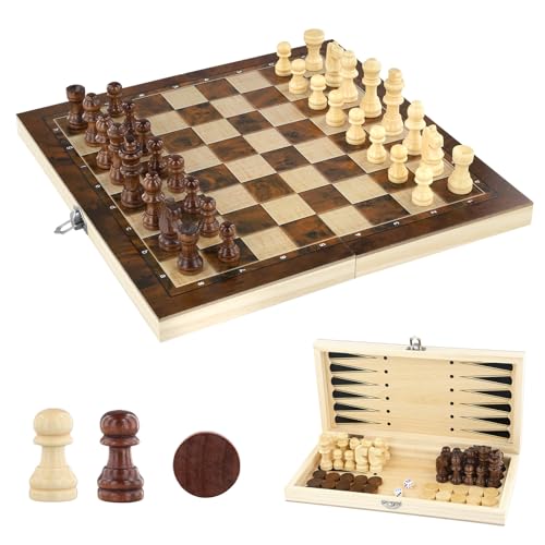 Schachspiel aus Holz, 3 in 1 Schachbrett Schachspiel Schach Dame Backgammon, Klappbares Schachbrett 29 * 29cm, mit Schachfiguren Chess Set (29x29cm) von kieyeeno
