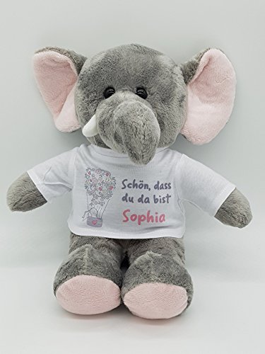 kinderlampenland personalisierter Elefant grau Kuscheltier zur Geburt mit Wunschname Mädchen Glücksbringer Plüschtier Willkommensgeschenk von kinderlampenland
