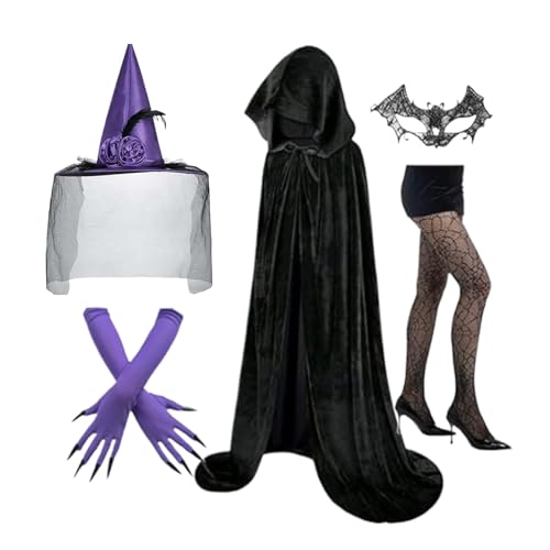 kinrguiyuez Hexenkostüme Für Damen | Hexen Cosplay Set - Gothic Handschuhe Hut Spitzenmaske Socken Halloween Fest Rollenspiel von kinrguiyuez