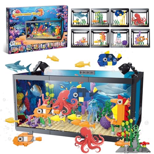 8-in-1 Aquarium Fish Tank Baustein mit LED Licht, einschließlich Meeresquallen, Fischen, Tierbauspielzeug, Geburtstag Weihnachten Geschenk für Erwachsene Kinder Jungen Mädchen ab 6 8 10 12+ Jahren von kiothdre