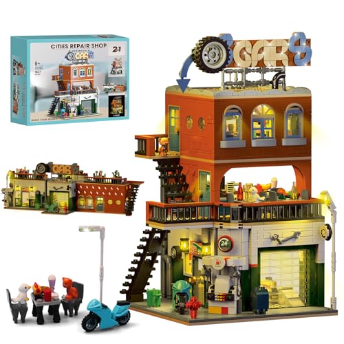 2 IN 1 City Friends Reparatur Werkstatt Haus Bauspielzeug mit LED Licht, Baubar In 2 Häuser Set, mit Autowerkstatt, Restaurant, Gemischtwarenladen, Geschenke für Erwachsene, Jungen 8+ Jahre,1637 PCS von kiothdre