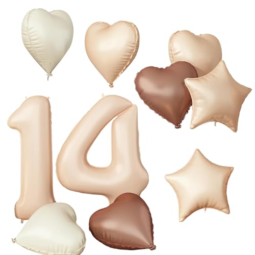 Folienballon Zahl 14 Beige Set, 10 Stück Luftballons 14. Geburtstag Deko für Mädchen, Geburtstag Mädchen Deko Geschenk, 40 Zoll Zahlen Luftballon Deko, mit Creme Beige Kaffee Braun Herzluftballons von kitudaty