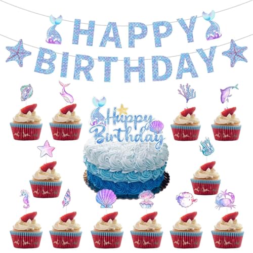 Meerjungfrau Tortendeko, 1 Happy Birthday-Flagge, 1 Große Kuchenkarte und 12 Kleine Kuchenkarten, Meerjungfrau Ocean Theme Topper für Mädchen Party Geburtstag Party Kuchen Dekoration Supplies von kitudaty