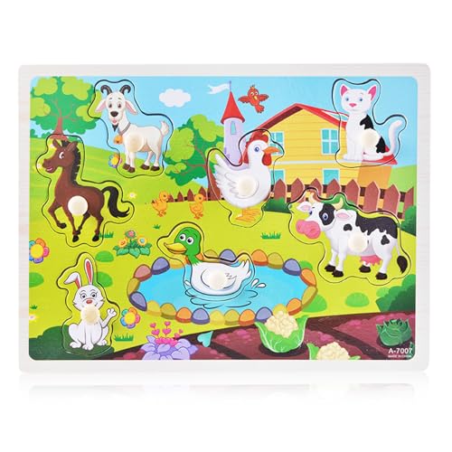 Tiere aus Holz Steckpuzzle, 1 Stück Kinder Holzpuzzle, Spielzeug in Form eines Steckspiel- 7 Teile, Holzspielzeug ab 1 Jahr mit Tieren vom Bauernhof, Steckpuzzle Geschenk für Mädchen and Junge von kitudaty