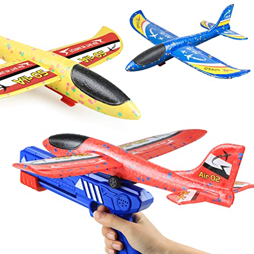 kizplays Flugzeug Spielzeug, 3 Stück Wurfgleiter Styroporflieger mit Katapult Pistole und 3 Aufkleber, Styropor Flugzeuge Spielzeug Kinder (Mehrfarbig) von kizplays