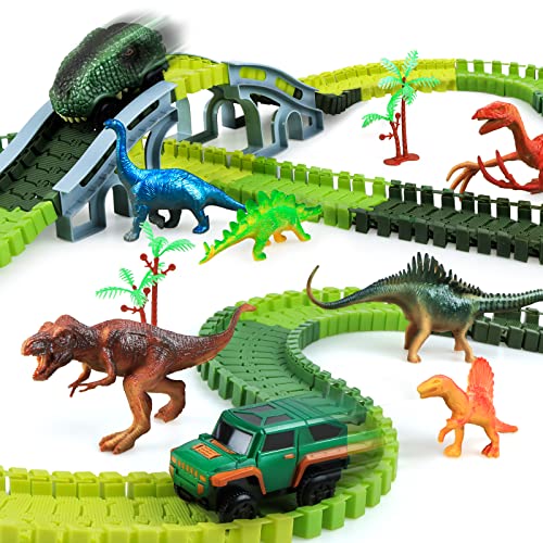 kizplays 251 pcs Dinosaurier Spielzeug Autorennbahn Rennbahn,6 Dinosaurier-Modell, 2 Spielzeugautos Autobahn ab 3 4 5 6 Jahre Junge Mädchen,Elektroauto Cars< für Kinder Geschenk von kizplays