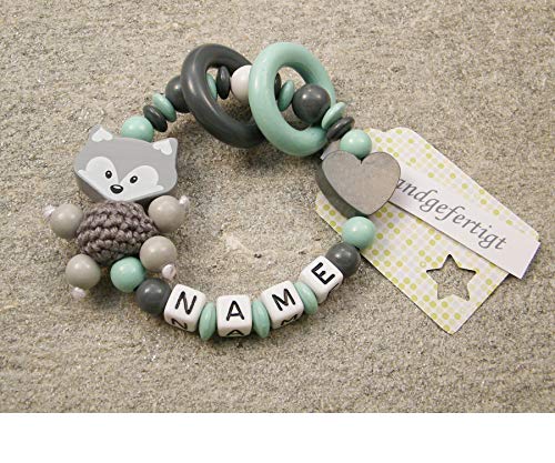 kleinerStorch® Baby Motorik Greifring personalisiert mit Namen | VIELE FARBEN | Holz Mädchen & Jungen Babyspielzeug & Lernspielzeug als Geschenk zur Geburt, Taufe | Fuchs (mint) von kleinerStorch
