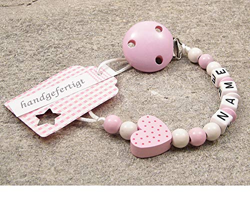 kleinerStorch ® - Personalisiertes Babygeschenk mit Namen für Schnuller – Einzigartiges Holz Geschenk & Taufe zur Geburt für Mädchen & Jungen - Herz in rosa von kleinerStorch