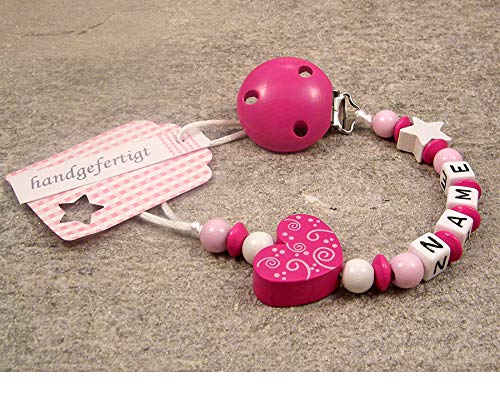 kleinerStorch ® - Personalisiertes Babygeschenk mit Namen für Schnuller – Einzigartiges Holz Geschenk & Taufe zur Geburt für Mädchen & Jungen - Ornament in pink von kleinerStorch
