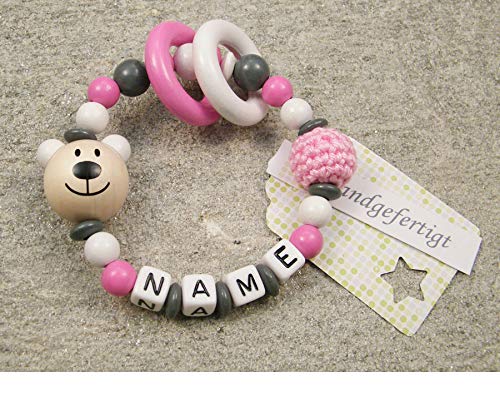 kleinerStorch ® - Personalisiertes Motorik Babygeschenk mit Namen – Einzigartiges Holz Geschenk & Taufe zur Geburt für Mädchen & Jungen - Bär in Hellrosa von kleinerStorch