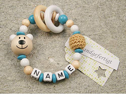 kleinerStorch ® - Personalisiertes Motorik Babygeschenk mit Namen – Einzigartiges Holz Geschenk & Taufe zur Geburt für Mädchen & Jungen - Bär in Weiss, türkis von kleinerStorch