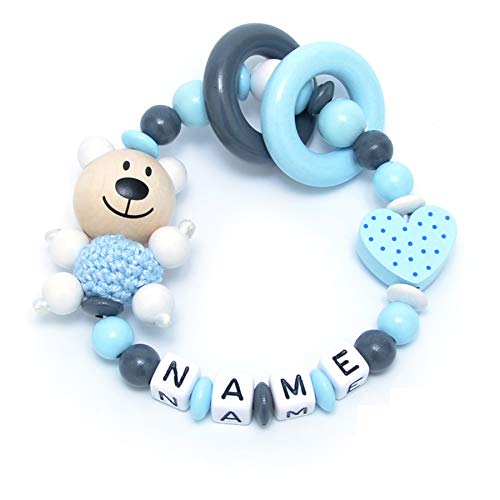 kleinerStorch ® - Personalisiertes Motorik Babygeschenk mit Namen – Einzigartiges Holz Geschenk & Taufe zur Geburt für Mädchen & Jungen - Bär & Herz in blau von kleinerStorch