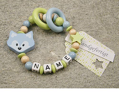 kleinerStorch ® - Personalisiertes Motorik Babygeschenk mit Namen – Einzigartiges Holz Geschenk & Taufe zur Geburt für Mädchen & Jungen - Fuchs in blau von kleinerStorch