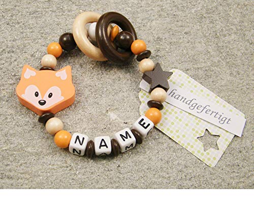 kleinerStorch ® - Personalisiertes Motorik Babygeschenk mit Namen – Einzigartiges Holz Geschenk & Taufe zur Geburt für Mädchen & Jungen - Fuchs in orange von kleinerStorch