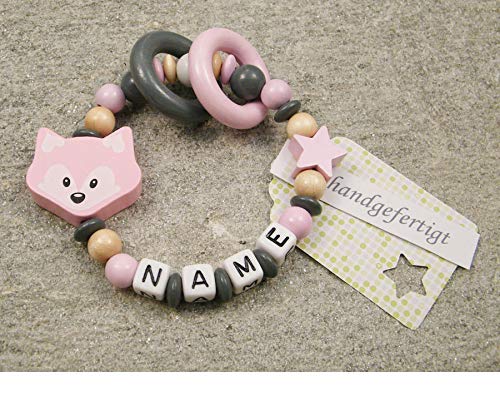 kleinerStorch ® - Personalisiertes Motorik Babygeschenk mit Namen – Einzigartiges Holz Geschenk & Taufe zur Geburt für Mädchen & Jungen - Fuchs in rosa von kleinerStorch