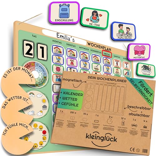 kleinglück® Wochenplaner Kinder - Montessori Magnettafel mit Gefühle, Kalender & Wetter inkl. 296 Magnete für Routinen & Kordel - beschreib- & abwischbar - Fördert kognitive Entwicklung von kleinglück