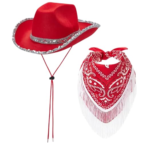 klxgMM Cowgirl-Hut mit Fransen, Bandana, breite Krempe, gebogener Rand, Pailletten, roter Cowgirl-Hut mit Kinnriemen, Vlies, Western-Cowboy, für Cosplay, Halloween-Kostüme klxgMM Cowgirl-Hut mit Fransen, Bandana, breite Krempe, gebogener Rand, Pailletten, roter Cowgirl-Hut mit Kinnriemen, Vlies, Western-Cowboy, für Cosplay, Halloween-Kostüme von klxgMM