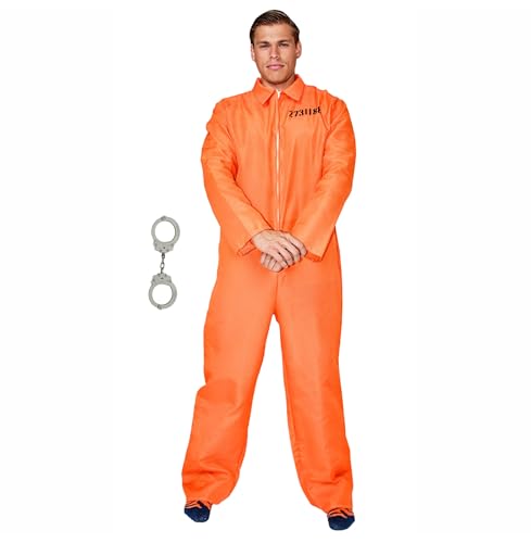 Männer Gefängnisausbruch Kostüm Overall, Klassisches Orange für Karnevalspartys mit Junggesellenabschied-Thema, mit Handfesseln (XXL) von korifejus