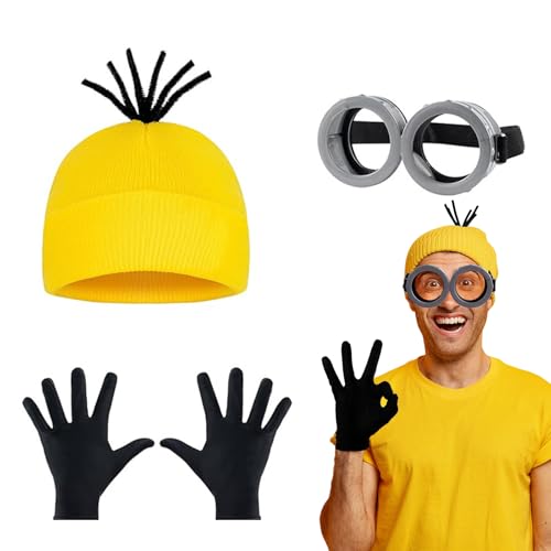 Korsaot Kostüm Erwachsene für Karneval Halloween Cosplay, 3-Teiliges Set (Brille, Gelbe Beanie-Mütze, Schwarze Handschuhe), Kostüm Dame für Erwachsene und Kinder von Korsaot