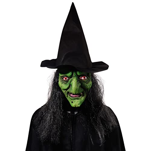 Hexen-Gesichtsschutz aus Latex, Hexen-Gesichtsschutz mit schwarzen Haaren und Hut, Frauen-Gesichtsschutz, Halloween, altes Hexenkostüm, grün, 2 Stück Kot-au von kot-au