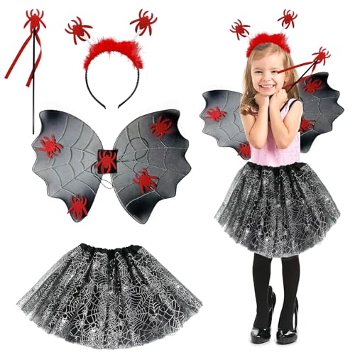kotwoel Halloween-Kostüme für Kinder, Fledermaus-Kostüm-Set für Kinder, inklusive Diadem, Zauberstab, Flügel und Tutu, perfekt für Halloween (Spinnen) von kotwoel