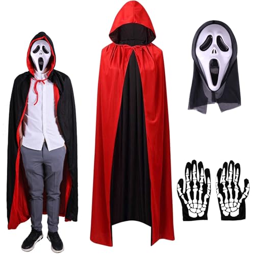 kotwoel Halloween-Vampirumhang, Unisex, wendbar, mit Kapuze, Vampir-Hexen-Umhang, doppelseitiger Umhang (mit Maske und Handschuhen) für Erwachsene und Kinder (Erwachsenenkleidung, 150 cm) von kotwoel