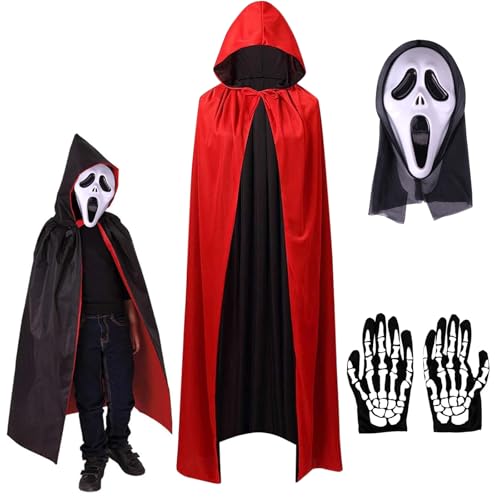 kotwoel Halloween-Vampirumhang, Unisex, wendbar, mit Kapuze, Vampir-Hexen-Umhang, doppelseitiger Umhang (mit Maske und Handschuhen) für Erwachsene und Kinder (Kinderkleidung, 80 cm) von kotwoel