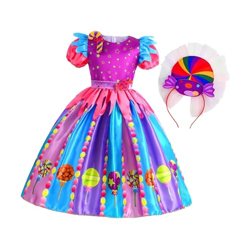 kowaku Süßigkeitenkleid für Mädchen, Regenbogenkleid, buntes Prinzessinnenkleid, Lutscherkleid für Mottoparty, Cosplay, Karneval, Halloween, 140 von kowaku
