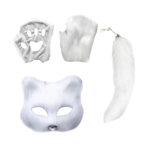 kowaku Tiermaske und Schwanz-Set, süße Plüschmaske für Halloween, Abschlussball, Nachtdeko, Weiß von kowaku