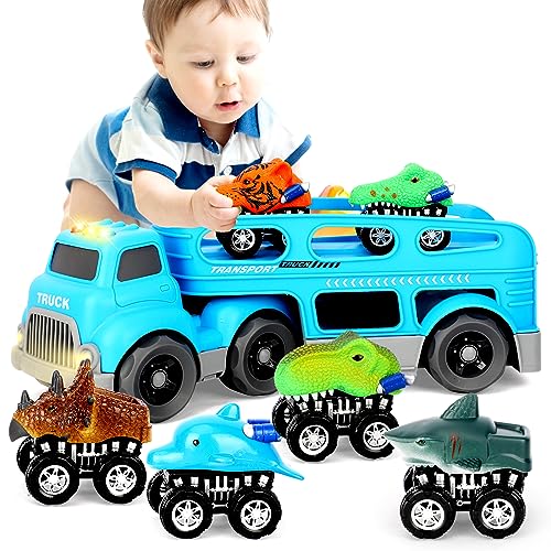 kramow Spielzeug Auto Jungen, Spielzeug LKW mit 6 Dinosaurier Autos, Fahrzeug Spielzeug für 3-5 Jahre alte Kinder, Kinderspielzeug Geschenke für Kleinkinder 4-5 Jahren von kramow