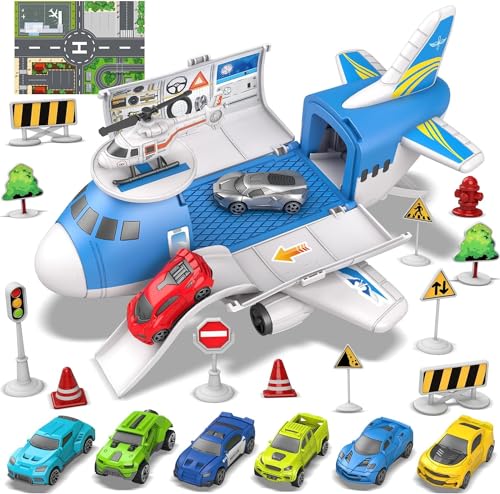 Kramow 21 in 1 Flugzeug und Auto Spielzeugset für Jungen Ab 3 Jahren - Mit Spielmatte und Wegweiser für Kinder von kramow
