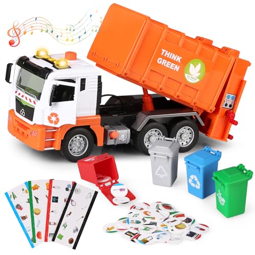 kramow Müllauto Spielzeug 12'' mit Lichtern und Sound,Spielzeug ab 4 Jahren für Jungen,Spielzeugautos Fahrzeuge Lernspielzeug für Kinder Jungen Mädchen,Orange von kramow