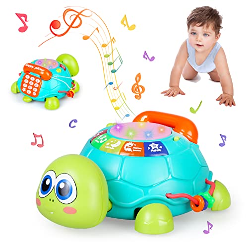 kramow Musik Spielzeug ab 1 Jahr, Baby Spielzeug ab 18 Monate, Krabbelndes Schildkröten mit Musik und LED-Licht, Trommel Kinder, Kinder Interaktives Vorschulspielzeug Geschenk für Jungen Mädchen von kramow