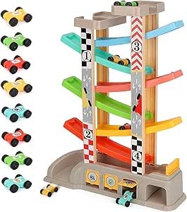 kramow Ramp Racer Spielzeug mit 8 Mini-Autos und 3 Auto-Garage, Rennstreckenrampe inklusive Top-Parkplatz, Lernspielzeug für Kinder ab 3 Jahren von kramow