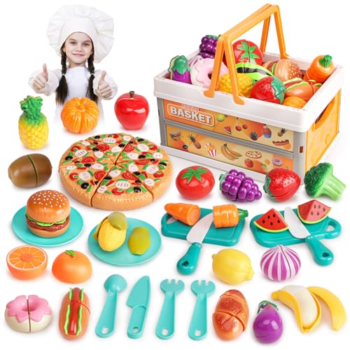 kramow Spielzeug Küchenzubehör, küchenzubehör Kinder mit Handkorb, Spielküche Zubehör, Gemüse Obst, Küchenspielzeug Geschenke für Kinder Mädchen Jungen 3+ Jahre alt von kramow