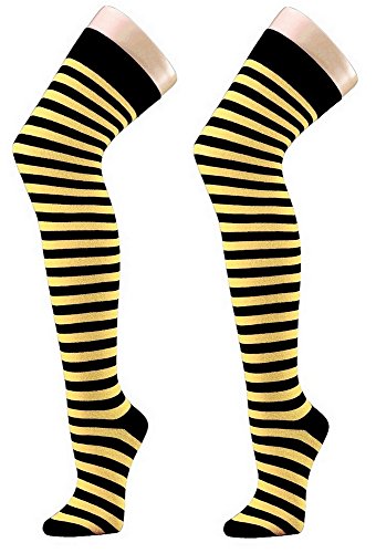 Krautwear® Damen 2 Paar Gestreifte Overknees Strümpfe Ringelstrümpfe Karneval Fasching Cosplay 80er Jahre (2X schwarz/gelb) von krautwear