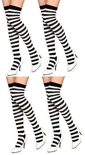 Krautwear® Damen 4 Paar Gestreifte Overknees Strümpfe Ringelstrümpfe Karneval Fasching Cosplay 80er Jahre (4x schwarz/weiss) von krautwear