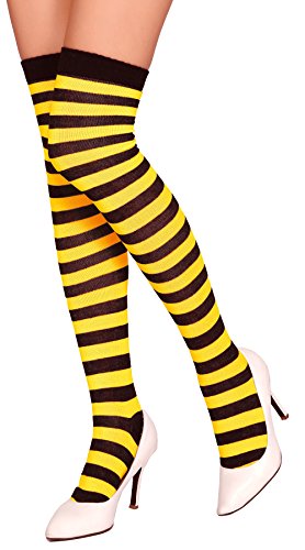 Krautwear® Damen Gestreifte Overknees Strümpfe Ringelstrümpfe Karneval Fasching Cosplay 80er Jahre (gelb/schwarz) von krautwear