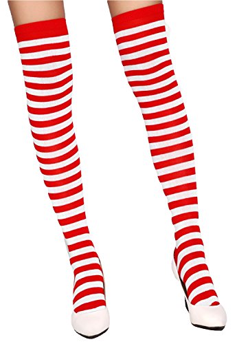 Krautwear® Damen Gestreifte Overknees Strümpfe Ringelstrümpfe Karneval Fasching Cosplay 80er Jahre (rot/weiss) von krautwear