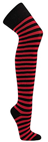 Krautwear® Damen Gestreifte Overknees Strümpfe Ringelstrümpfe Karneval Fasching Cosplay 80er Jahre (schwarz-rot) von krautwear