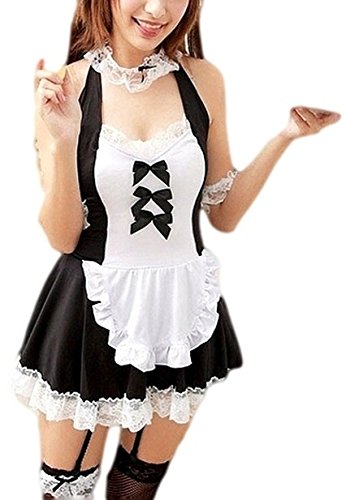 bunny-shop Damen Zimmermädchen Kostüm Sexy Outfit Dessous Cosplay Fasching 6-teilig Maid Schürze Armband Haarreif String Strumpfband, schwarz/weiss, Einheitsgröße, passend für ca. XS-M (34-40) von krautwear