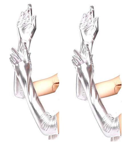 krautwear® Damen Finger Handschuhe 2 Paar Glitzer Metallic ca. 44 cm Lang Gold Silber (2x BL9127-silber) von krautwear