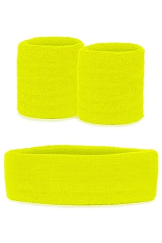 krautwear Damen Mädchen Schweißbänder Stirnband 2 Armbänder Beinstulpen Handschuhe 80er Jahre Set Neon Pink (Schweißbänder Set, gelb) von krautwear