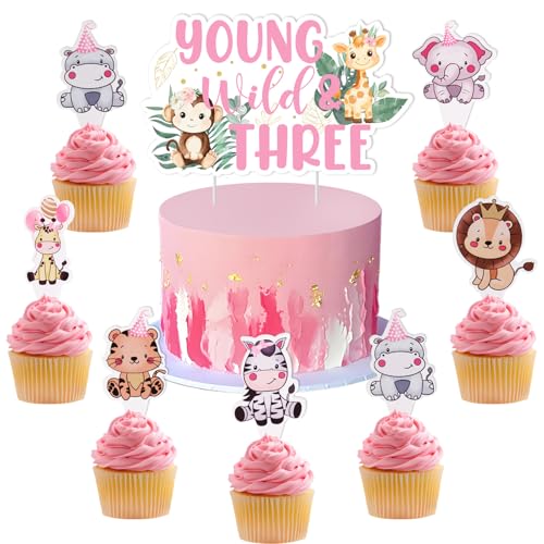 kreat4joy Kuchendekoration für junge Wildtiere und drei Kuchen, rosa Safari zum 3. Geburtstag, Jungle Wild und Drei, 24 Stück, Dschungelsafari-Tier-Cupcake-Topper für Mädchen, 3 Jahre alt, von kreat4joy
