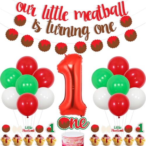 kreat4joy Meatball 1st Birthday Decorations, Our Little Meatball Is Turning One Banner Meatball One Cupcake Toppers Banner Garland Number 1 Foil Balloons for Italian Birthday Party Decorations von kreat4joy