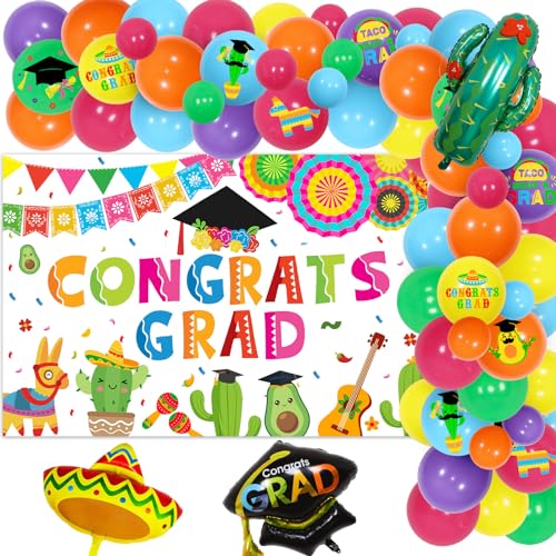 kreat4joy Mexikanische Abschluss-Party-Dekorationen 2024, mexikanischer Hintergrund mit Aufschrift "Congrats", Fiesta-Ballonbogen, Kaktus-Grad-Kappe, Sombrero-Folienballons für Fiesta Cinco de Mayo von kreat4joy
